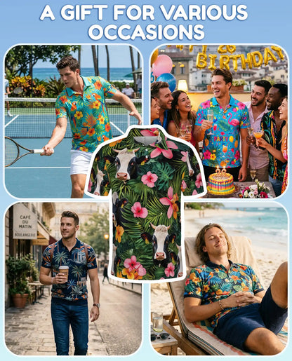 Holstein Cow Tropical Polo Shirt - Hawaiian Farm Animal Floral Design | Netecom