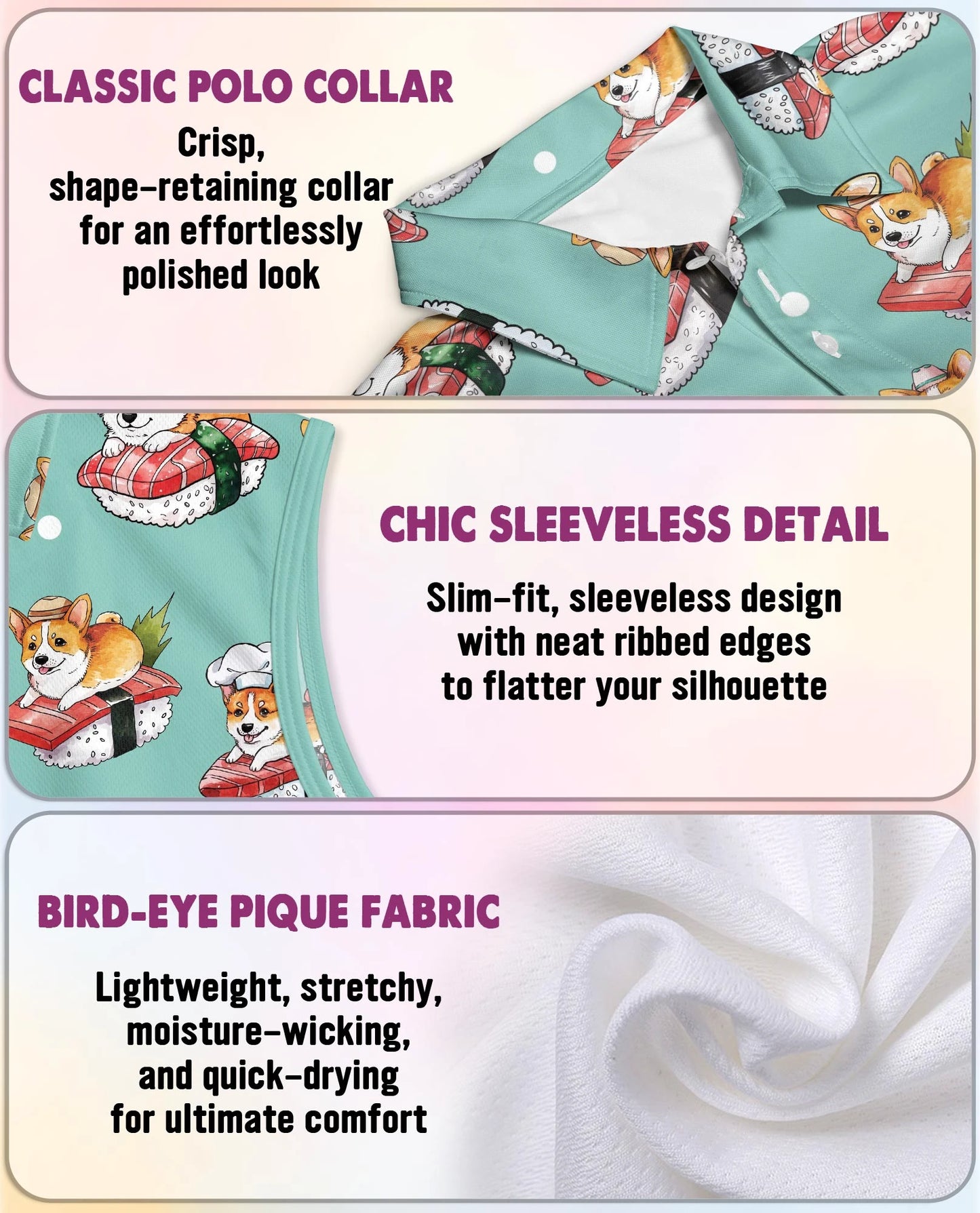 Sushi Corgi Sleeveless Polo Shirt for Women | Netecom