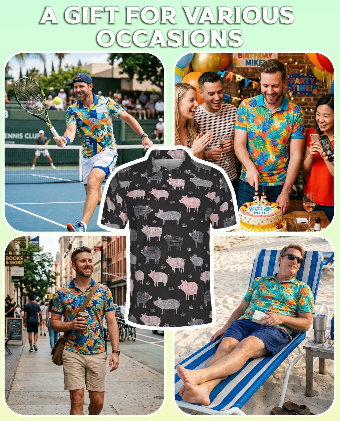 Pig Hawaiian Polo Shirt for Men-Cute Farm Pig Pattern Animal Shirt | Netecom