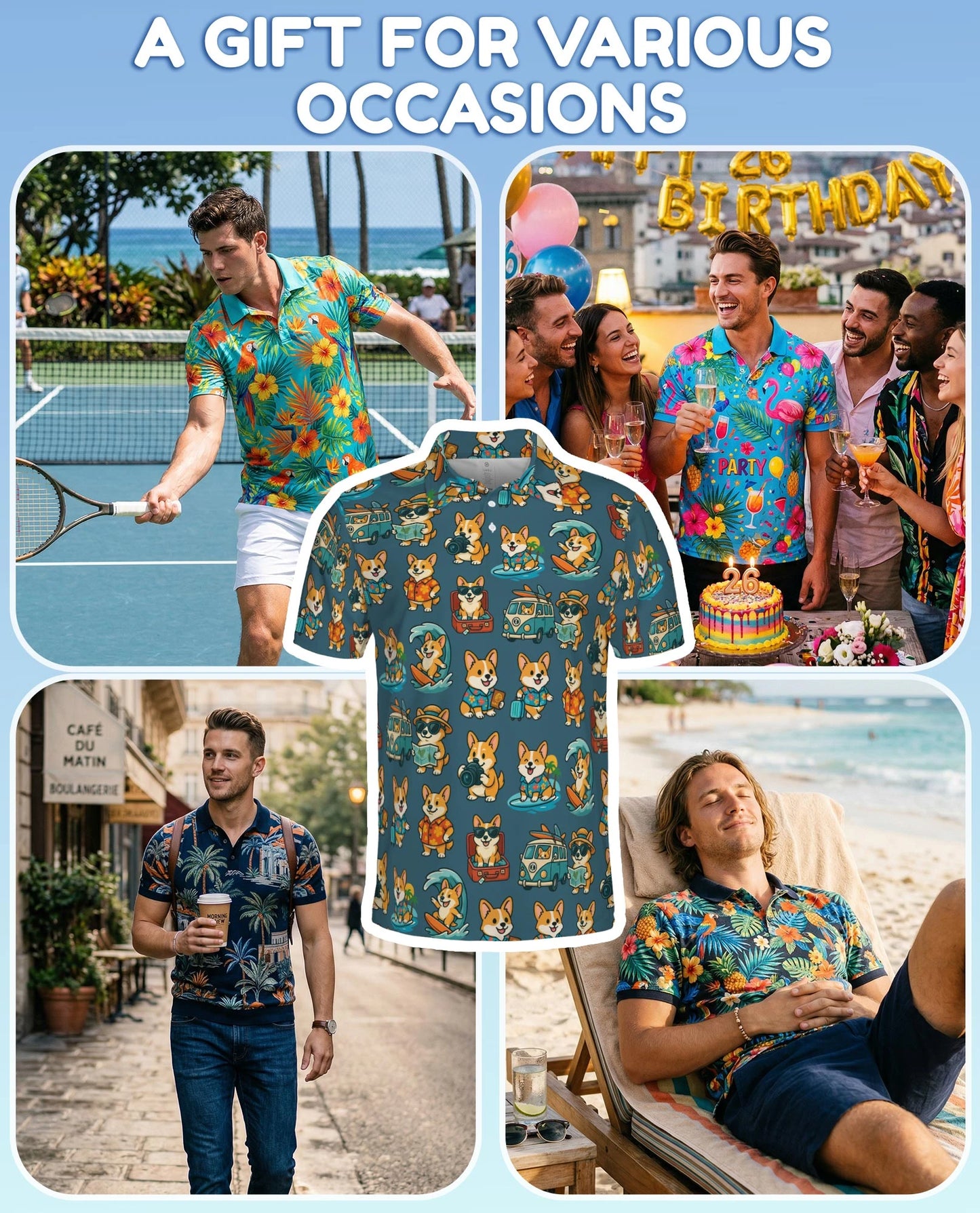 Cartoon Corgi Surfing Polo Shirt for Men – Cute Dog Beach Style | Netecom