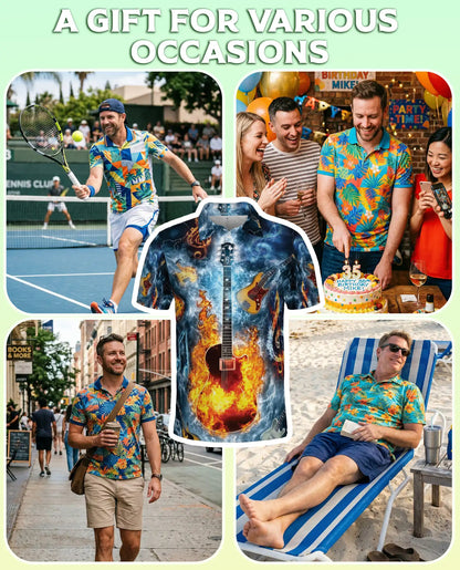 Flaming Guitar 3D Polo Shirt for Men – Rock Music Fire Storm Style | Netecom