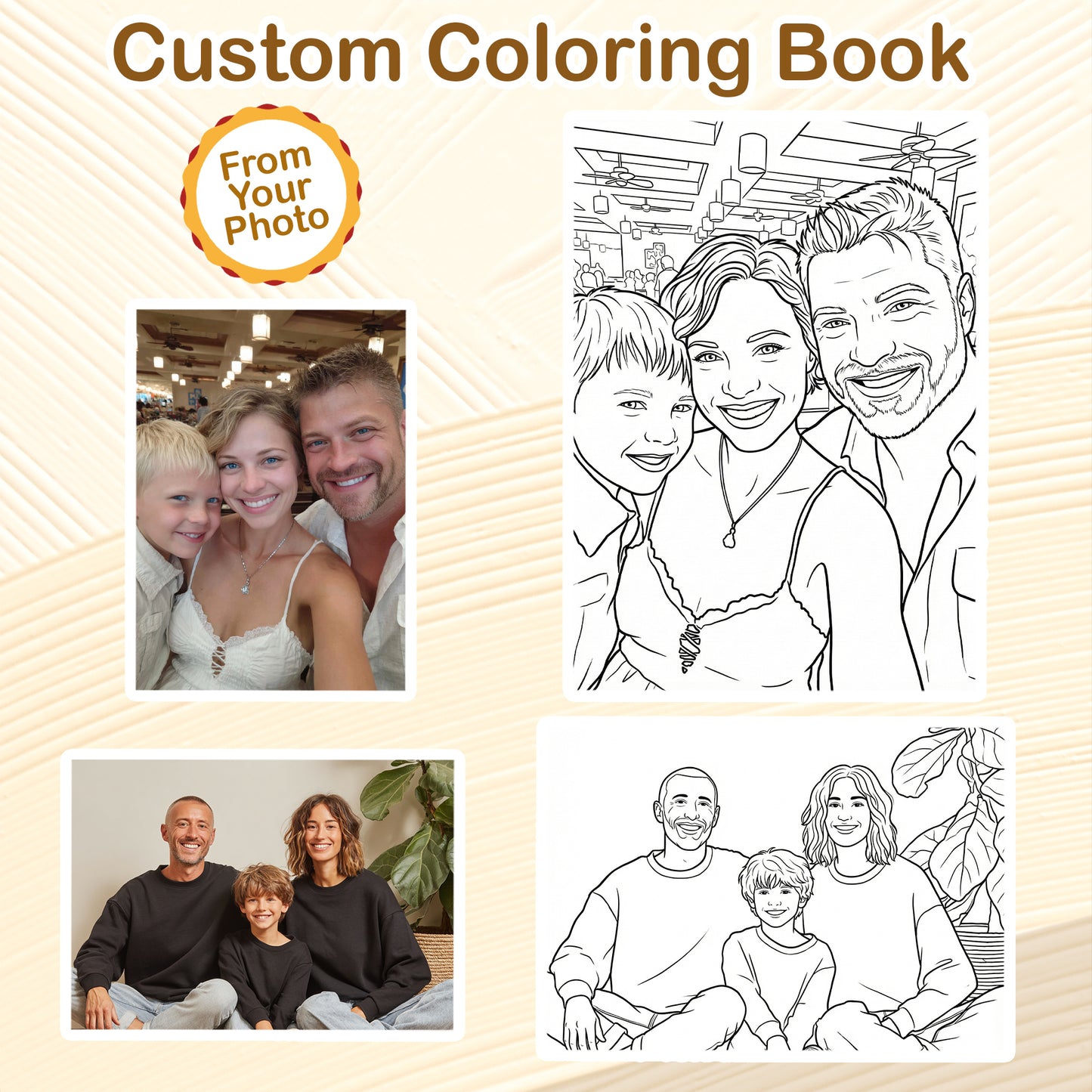 Custom Coloring Book from Photos – Personalized Family Coloring Book for Adults, 12–48 Pages, Memory Keepsake Gift, Premium Wooden Cover, Spiral Binding