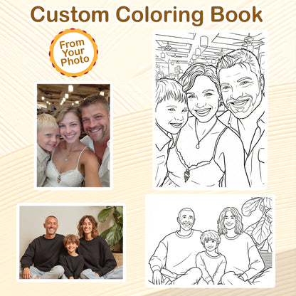 Custom Coloring Book from Photos – Personalized Family Coloring Book for Adults, 12–48 Pages, Memory Keepsake Gift, Premium Wooden Cover, Spiral Binding