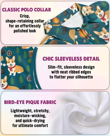 Corgi Camping Sleeveless Polo Shirt for Women – Cute Outdoor Dog Style | Netecom