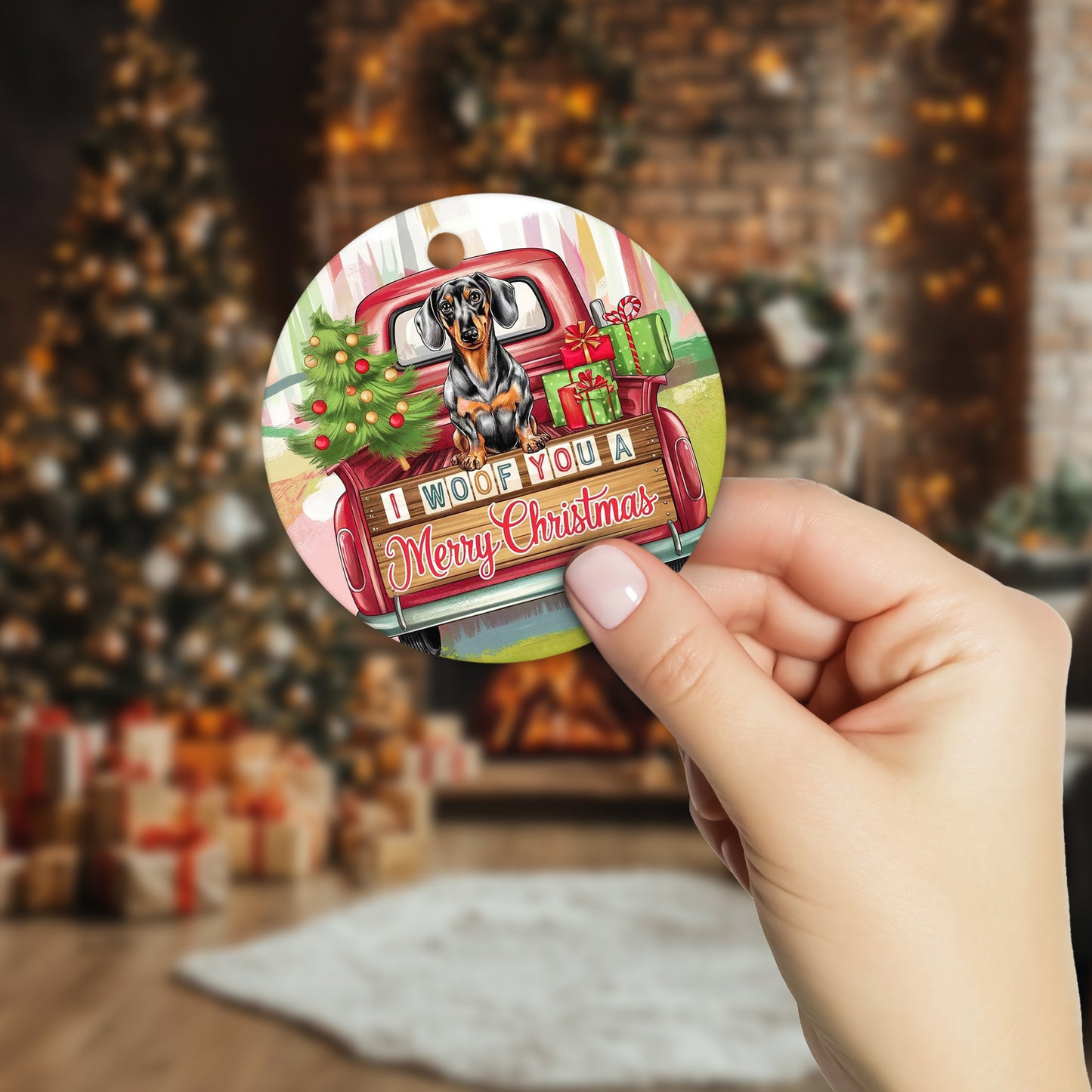 Netecom Funny Dachshund in Holiday Truck Ornament, I Woof You a Merry Christmas Ceramic Ornament for Christmas Tree Hanging Decorations Gift, Pet Lover Gifts, Holiday Party Present