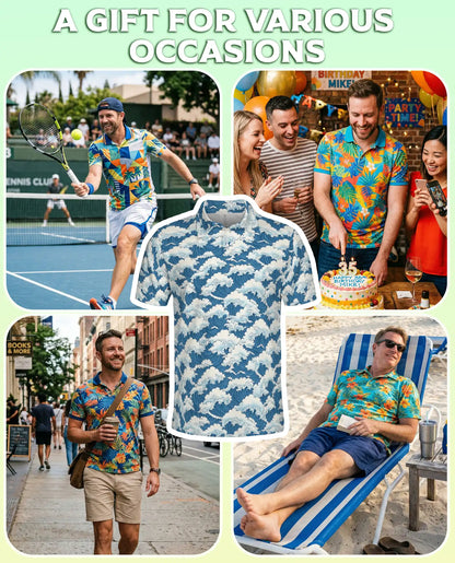 Japanese Ocean Wave 3D Polo Shirt for Men – Coastal Minimalist Art Style | Netecom