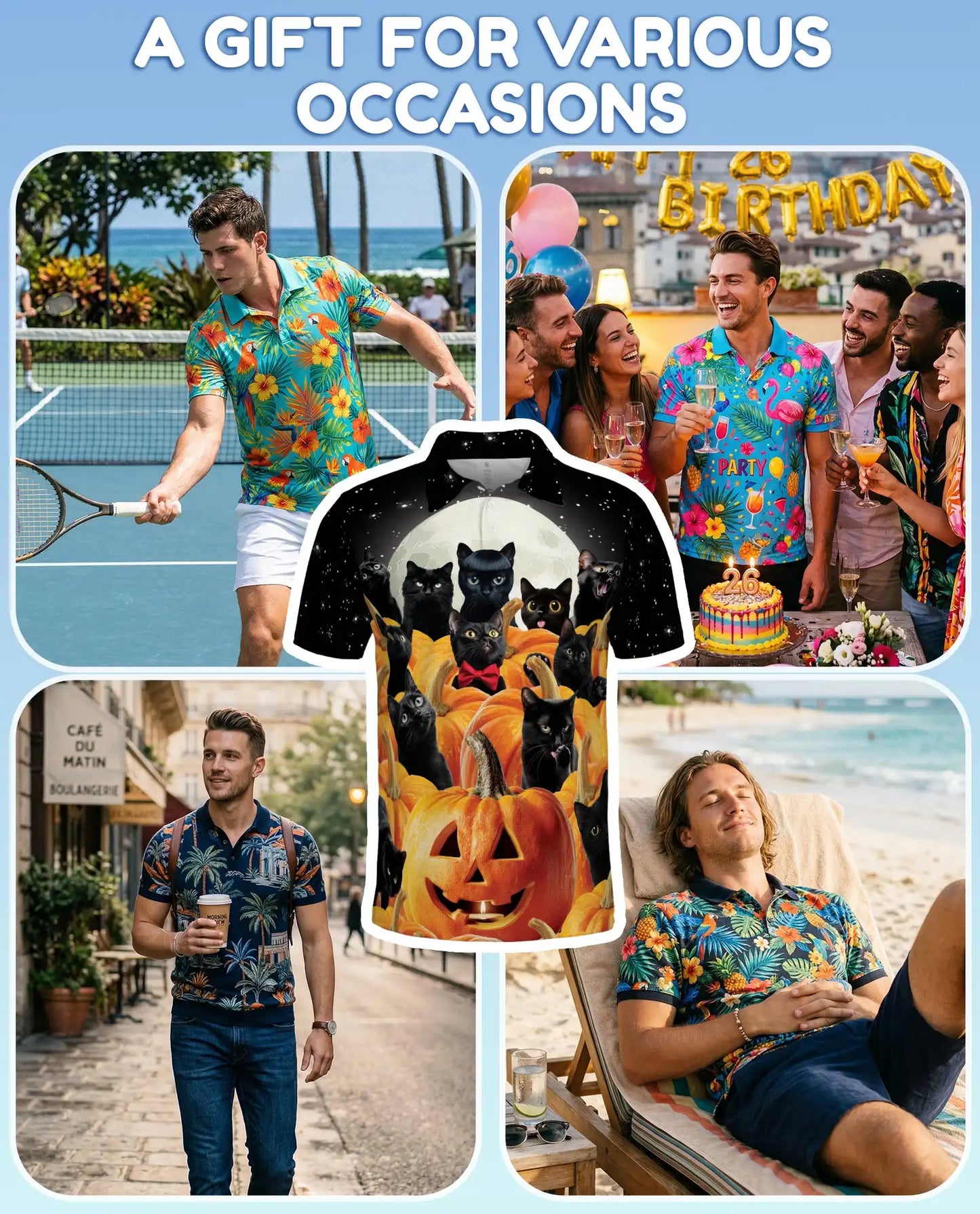 Black Cat Halloween Polo Shirt - Pumpkin Moon Night Style | Netecom