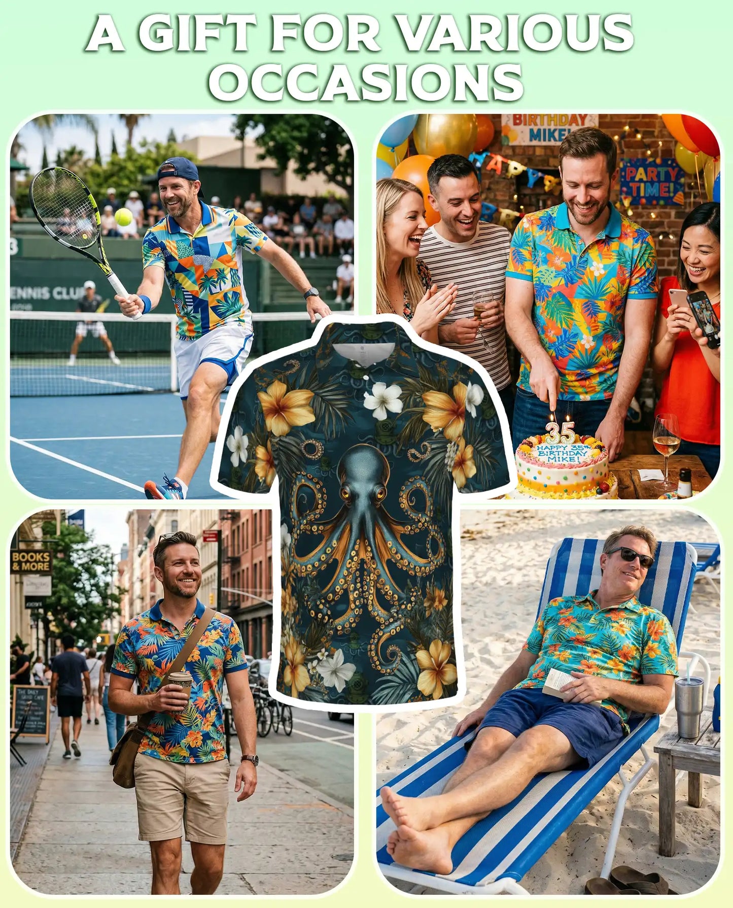 Octopus Polo Shirt for Men-Tropical Ocean Sea Creature Nautical Beach Shirt | Netecom