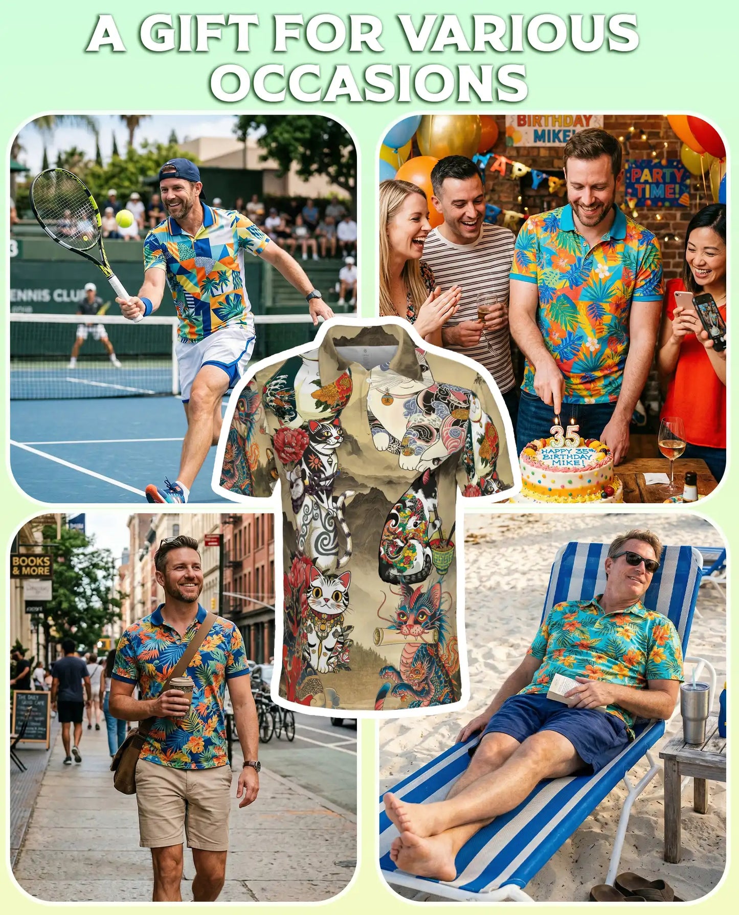 Japanese Tattoo Cat 3D Polo Shirt for Men – Asian Dragon Art Style | Netecom