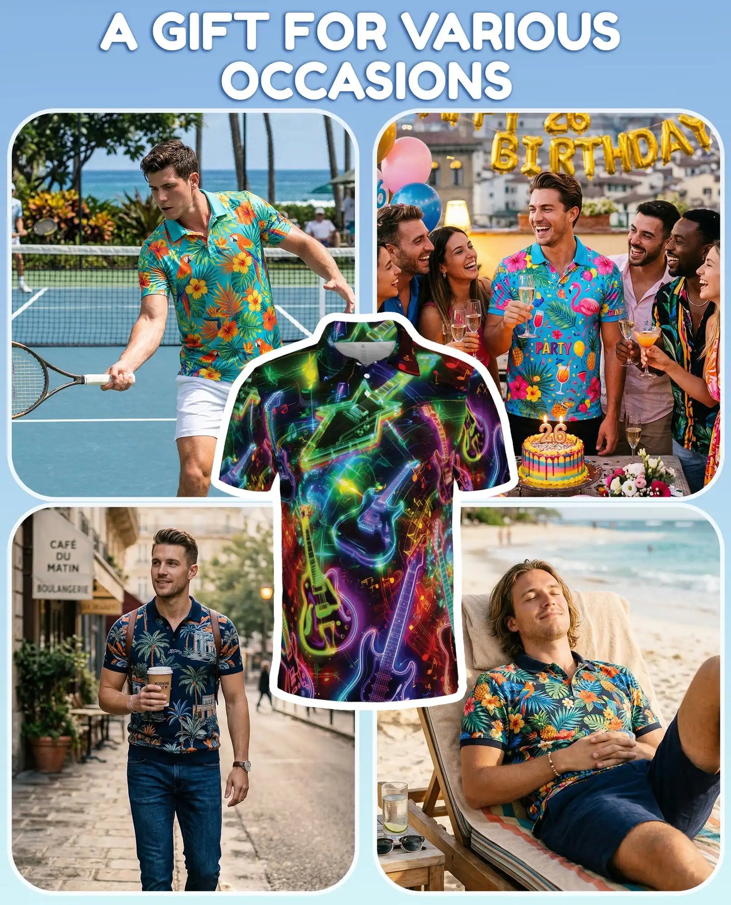 Neon Electric Guitar Rock Polo Shirt for Men | Netecom