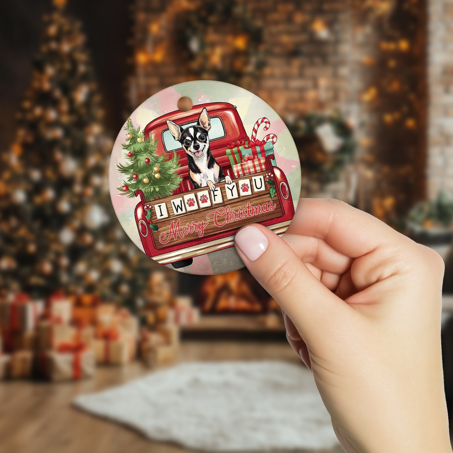 Netecom Adorable Chihuahua in Christmas Truck Ornament, I Woof You Happy Pawlidays Ceramic Ornament for Christmas Tree Hanging Decorations Gift, Dog Lover Gifts, Holiday Decor Present