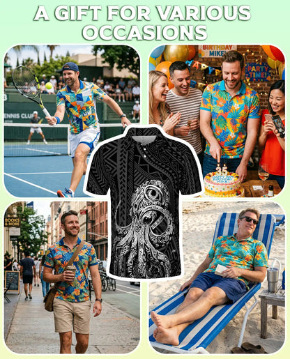Tribal Octopus Polynesian 3D Polo Shirt for Men – Ocean Tattoo Island Style | Netecom