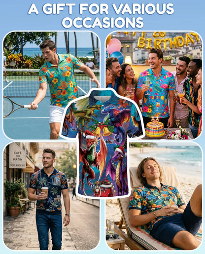 Christmas Dragon 3D Polo Shirt for Men – Fantasy Holiday Winter Style | Netecom