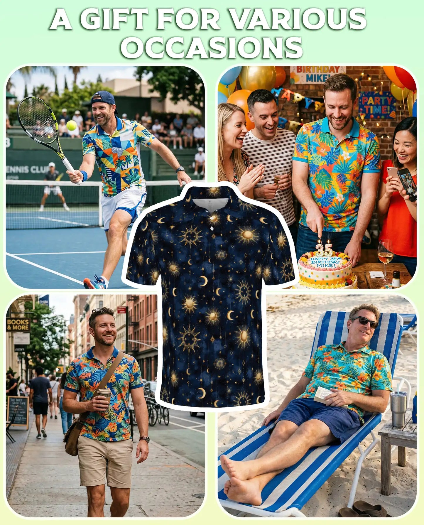 Celestial Sun Moon Polo Shirt for Men- Starry Night Pattern | Netecom