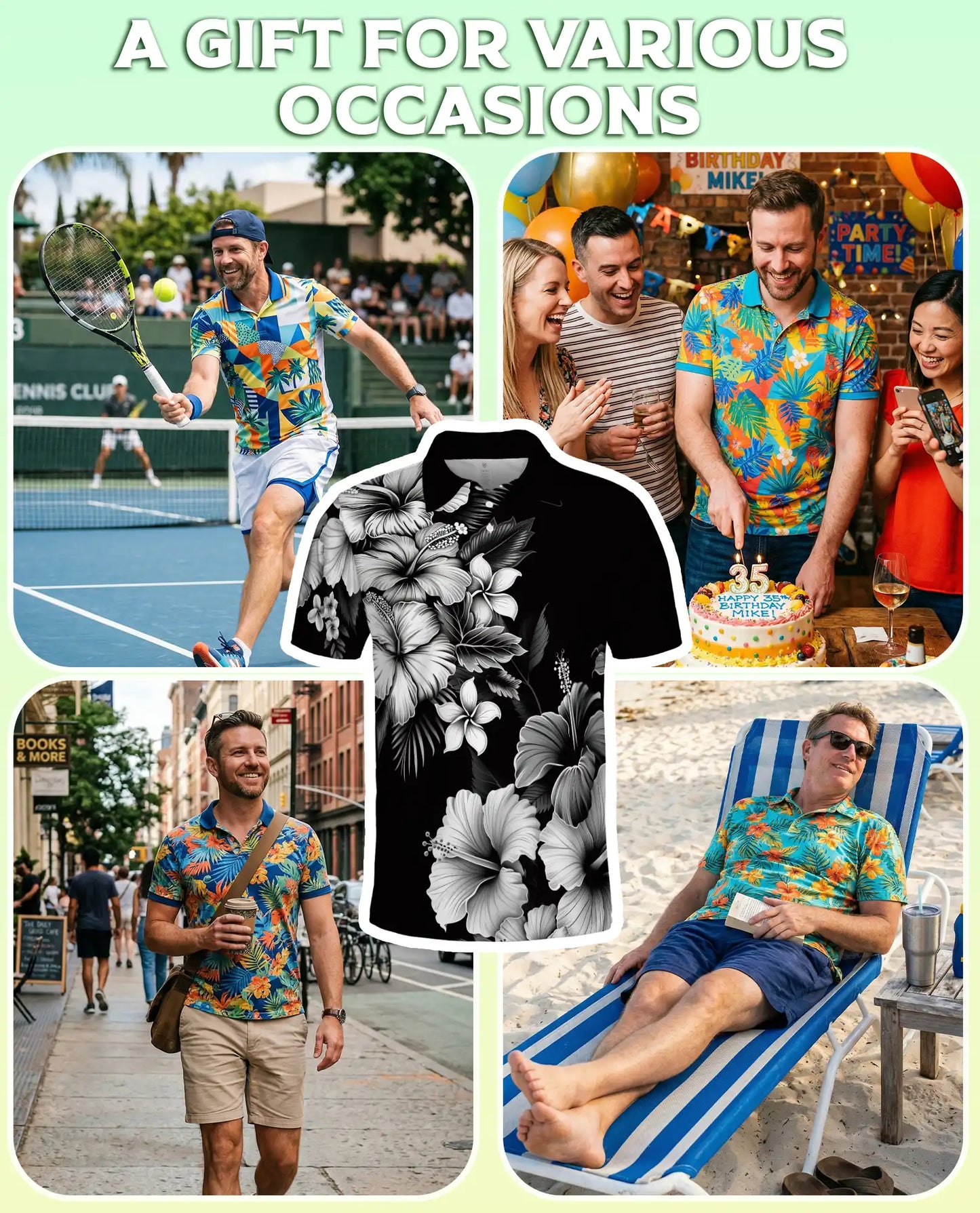 Black White Hibiscus Floral Polo Shirt for Men-Tropical Flower Summer | Netecom