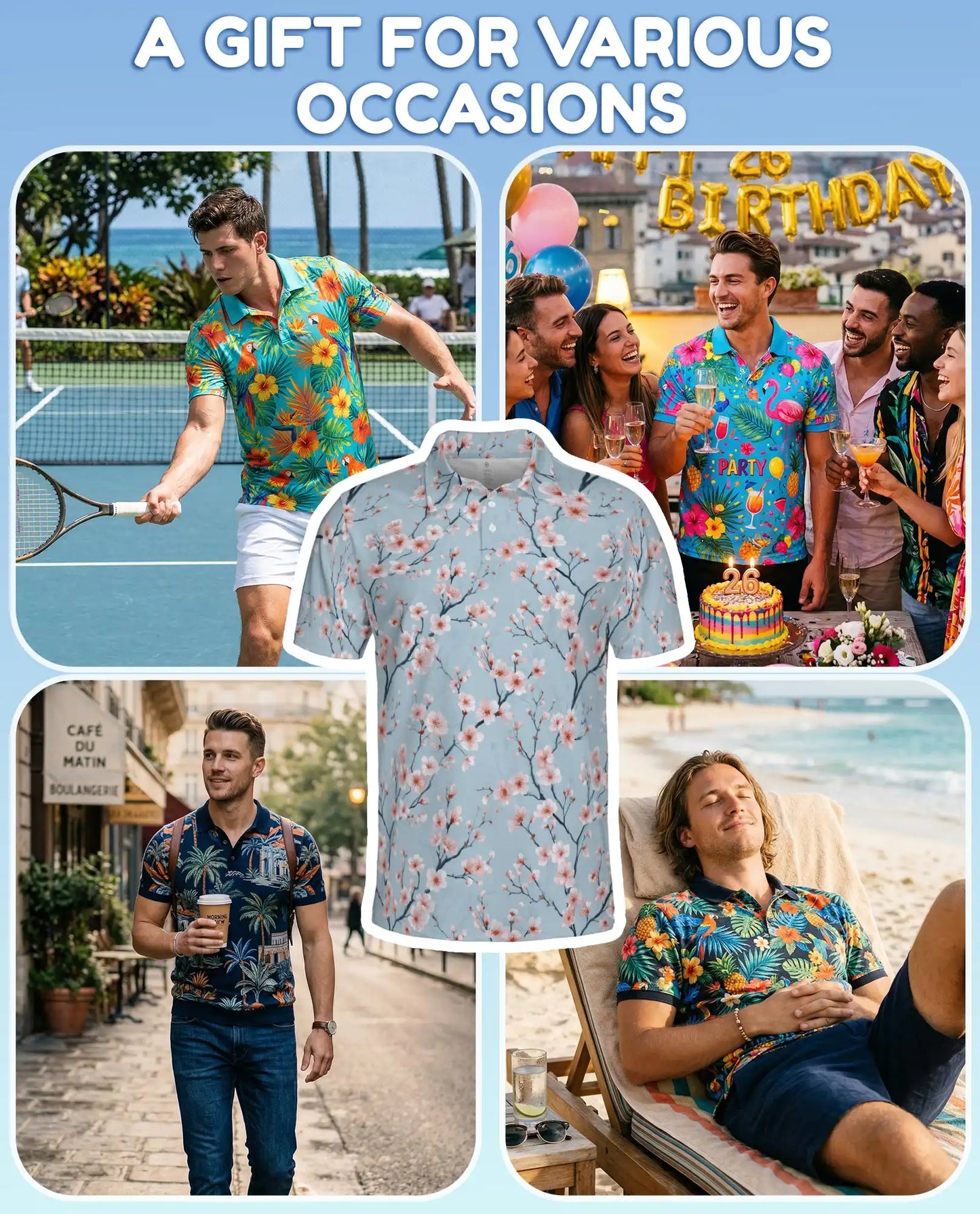 Blue Cherry Blossom Polo Shirt for Men – Spring Floral Style | Netecom
