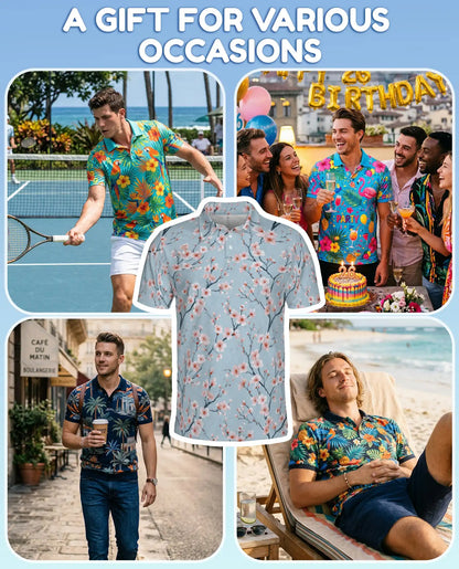 Blue Cherry Blossom Polo Shirt for Men – Spring Floral Style | Netecom