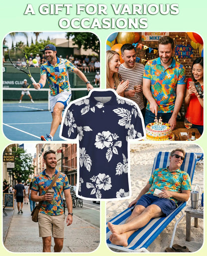 Navy Blue Hibiscus Polo Shirt for Men- Print Tropical Floral | Netecom