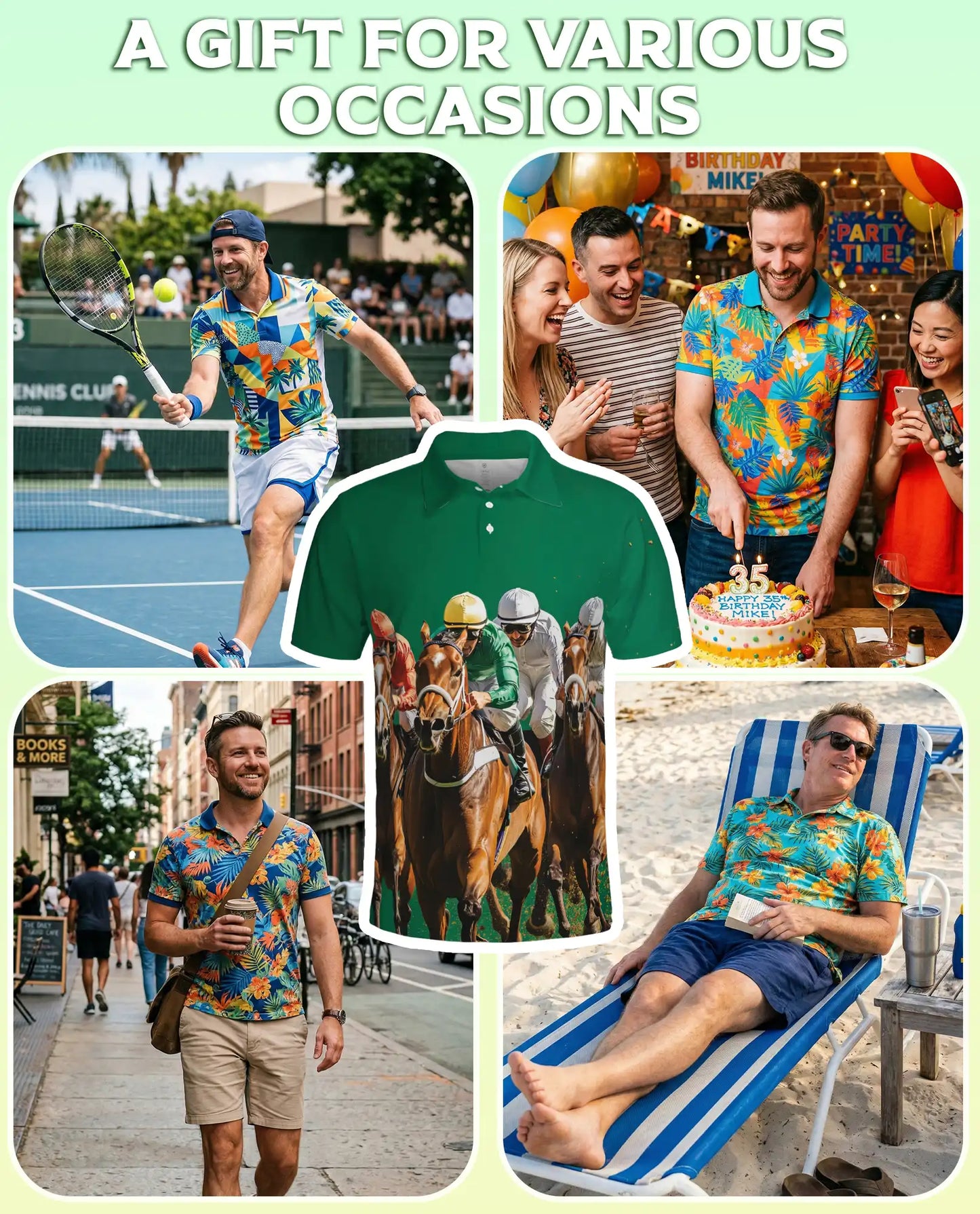 Green Horse Racing 3D Polo Shirt for Men – Jockey Derby Sports Style | Netecom