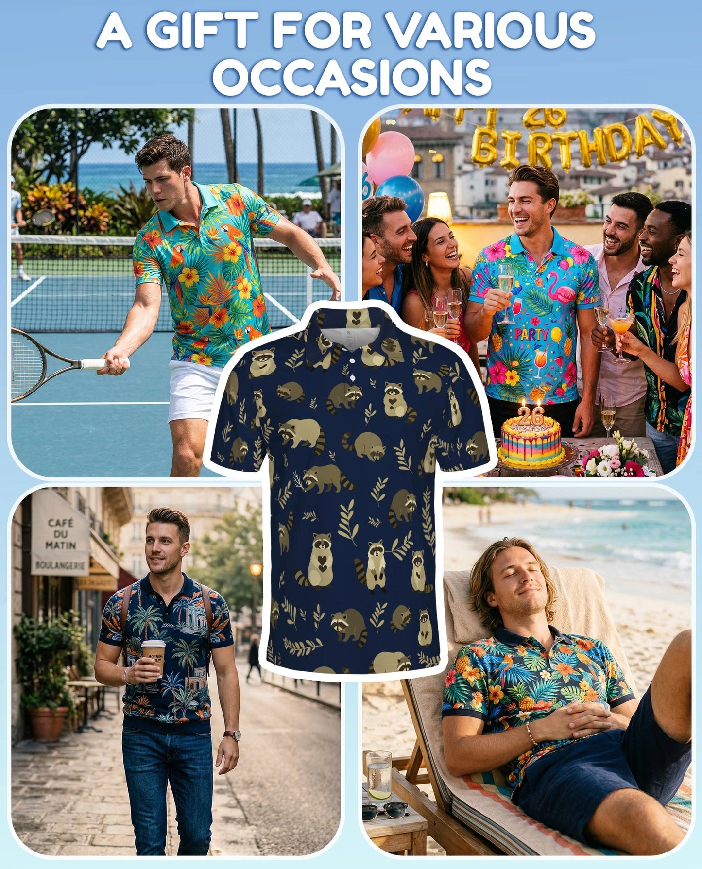 Raccoon Pattern Polo Shirt for Men – Cute Wildlife Animal Style | Netecom