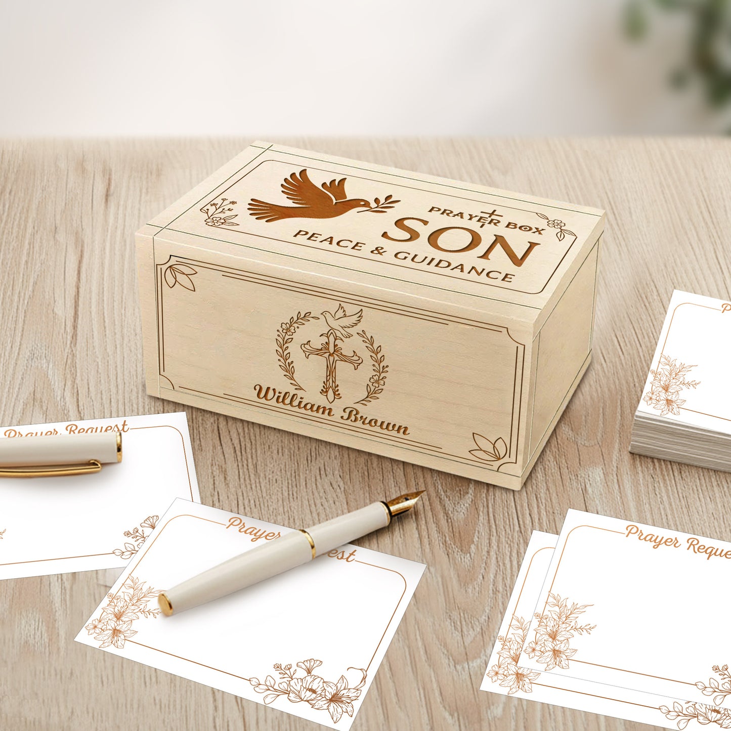 Netecom Personalized Prayer Box for Son with Custom Name on Box & Cross, Christian Gift with 100 Prayer Request Cards, Faith Keepsake for Son