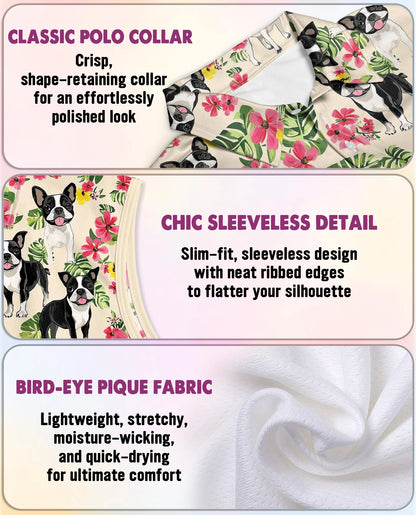 Boston Terrier Floral Sleeveless Polo Shirt for Women – Cute Dog Style | Netecom