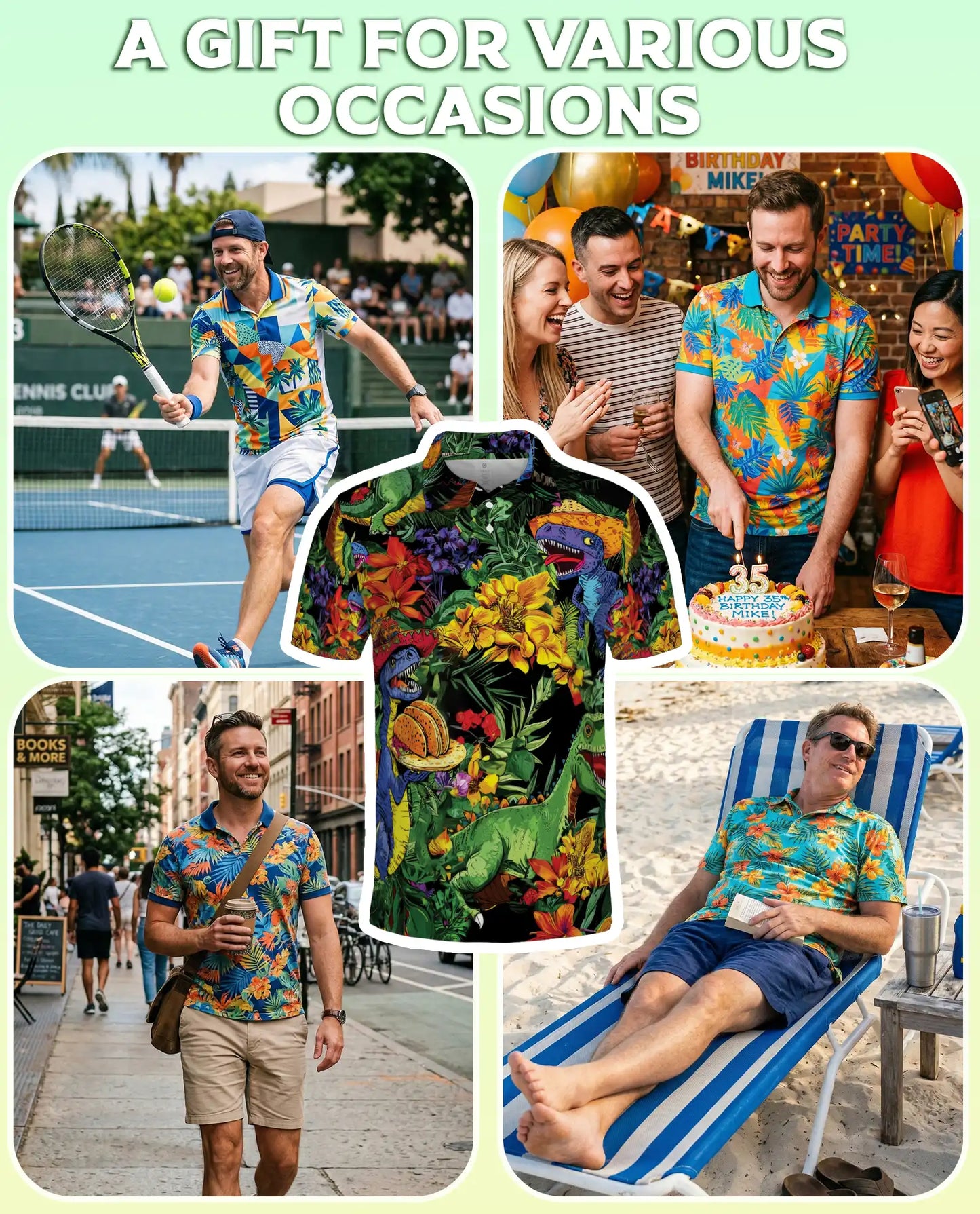 Funny Dinosaur Hawaiian 3D Polo Shirt for Men | Netecom