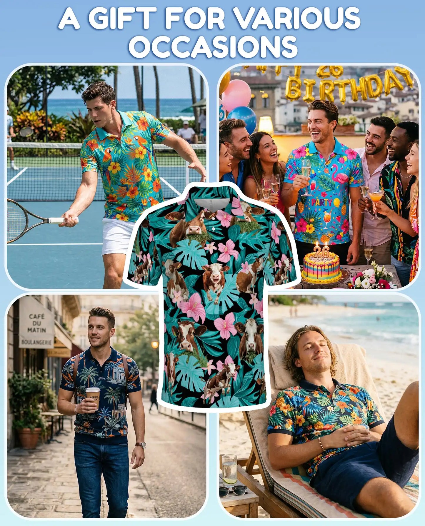 Cow Tropical Polo Shirt - Hawaiian Farm Animal Floral Design | Netecom