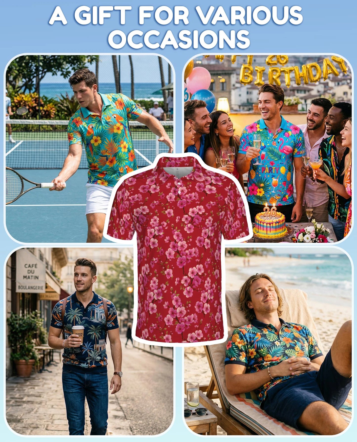 Red Cherry Blossom Polo Shirt for Men – Japanese Sakura Floral Style | Netecom