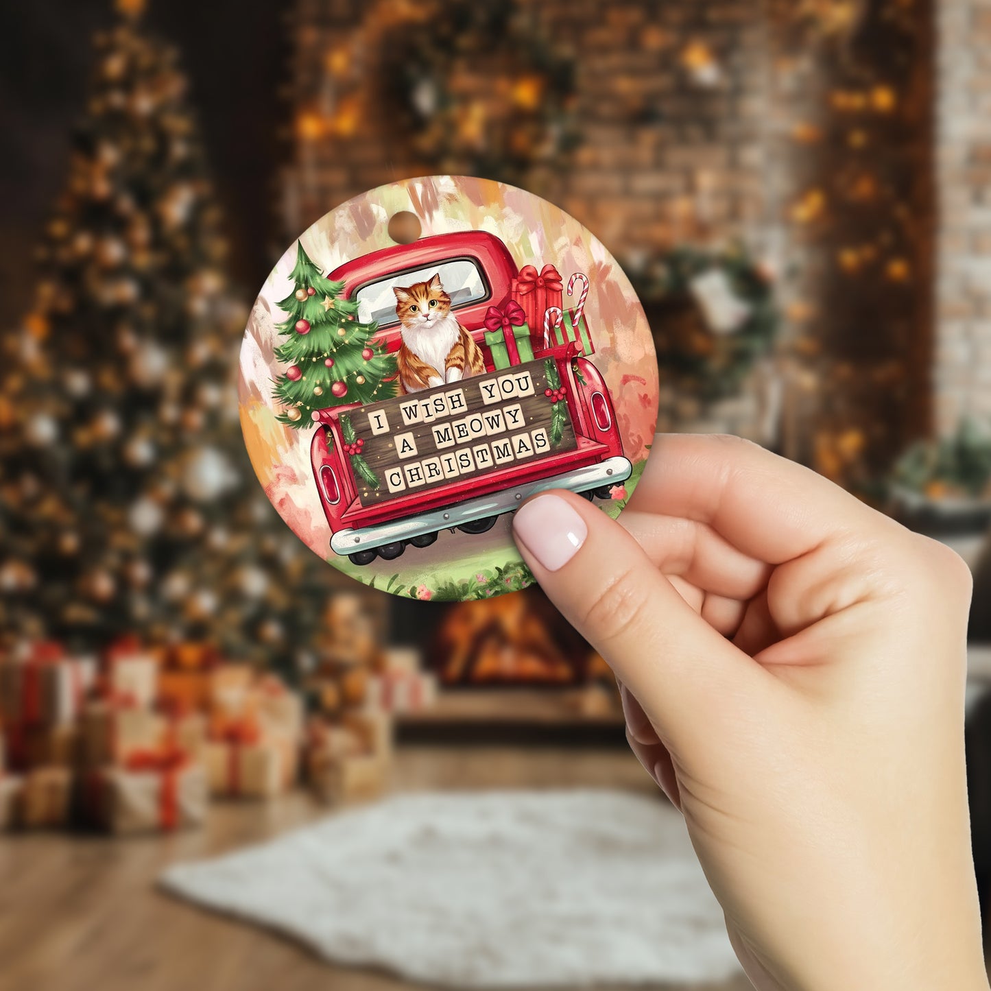 Netecom Cute Cat in Holiday Truck Ornament, I Wish You a Meowy Christmas Ceramic Ornament for Christmas Tree Hanging Decorations Gift, Kitten Lover Gifts, Holiday Party Present
