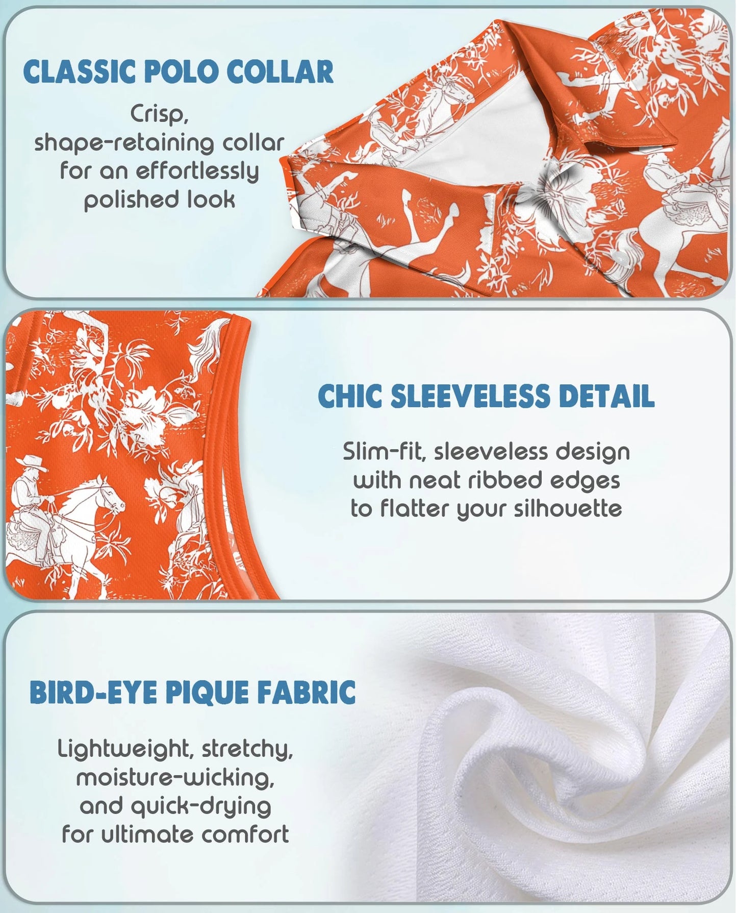 Orange Equestrian Horse Floral Sleeveless Polo Shirt for Women | Netecom