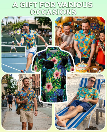 Black Cat Tropical Hibiscus 3D Polo Shirt for Men – Hawaiian Pet Lover Style | Netecom