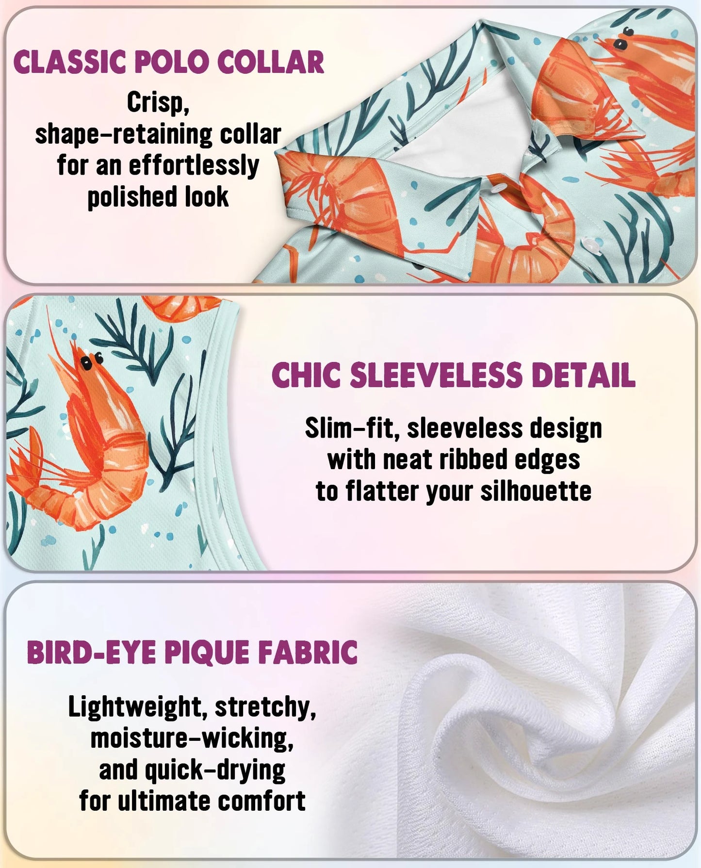 Shrimp Print Sleeveless Polo Shirt for Women | Netecom