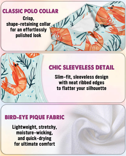 Shrimp Print Sleeveless Polo Shirt for Women | Netecom