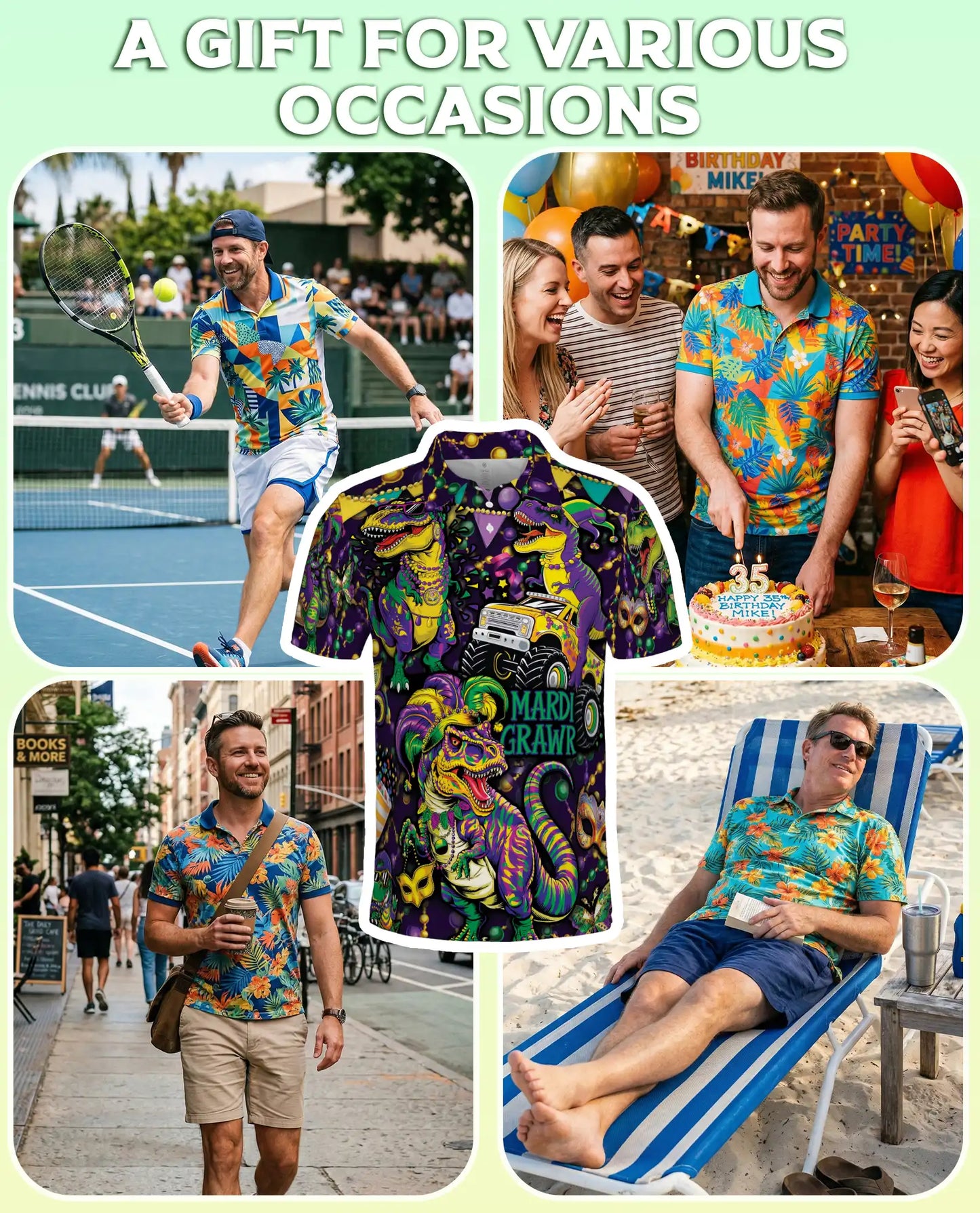 Mardi Grawr Dinosaur Polo Shirt for Men-Funny Mardi Gras T Rex Carnival Party Shirt | Netecom