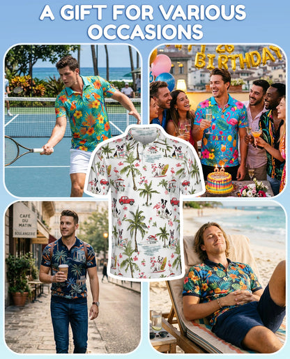 Dog Surfing Beach Polo Shirt for Men – Tropical Palm Tree Style | Netecom