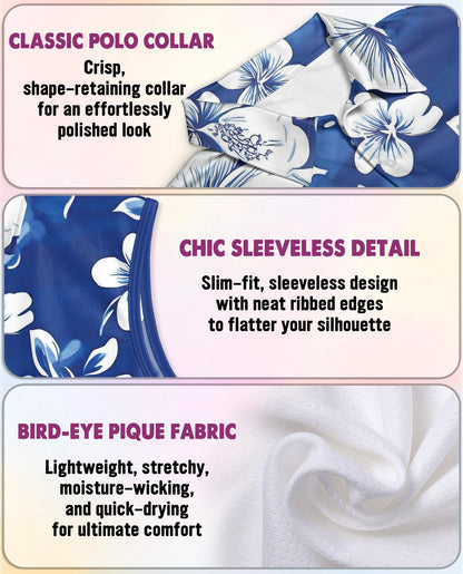 Tropical Hibiscus Blue Sleeveless Polo Shirt for Women | Netecom