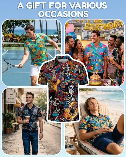 Colorful Skeleton Guitar Polo Shirt for Men – Musical Skull Design | Netecom