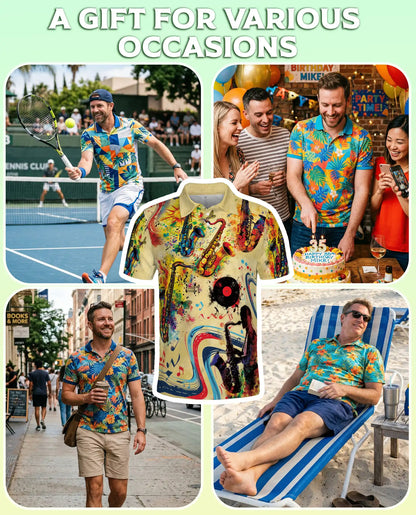 Saxophone Music 3D Polo Shirt for Men – Jazz Retro Art Style | Netecom