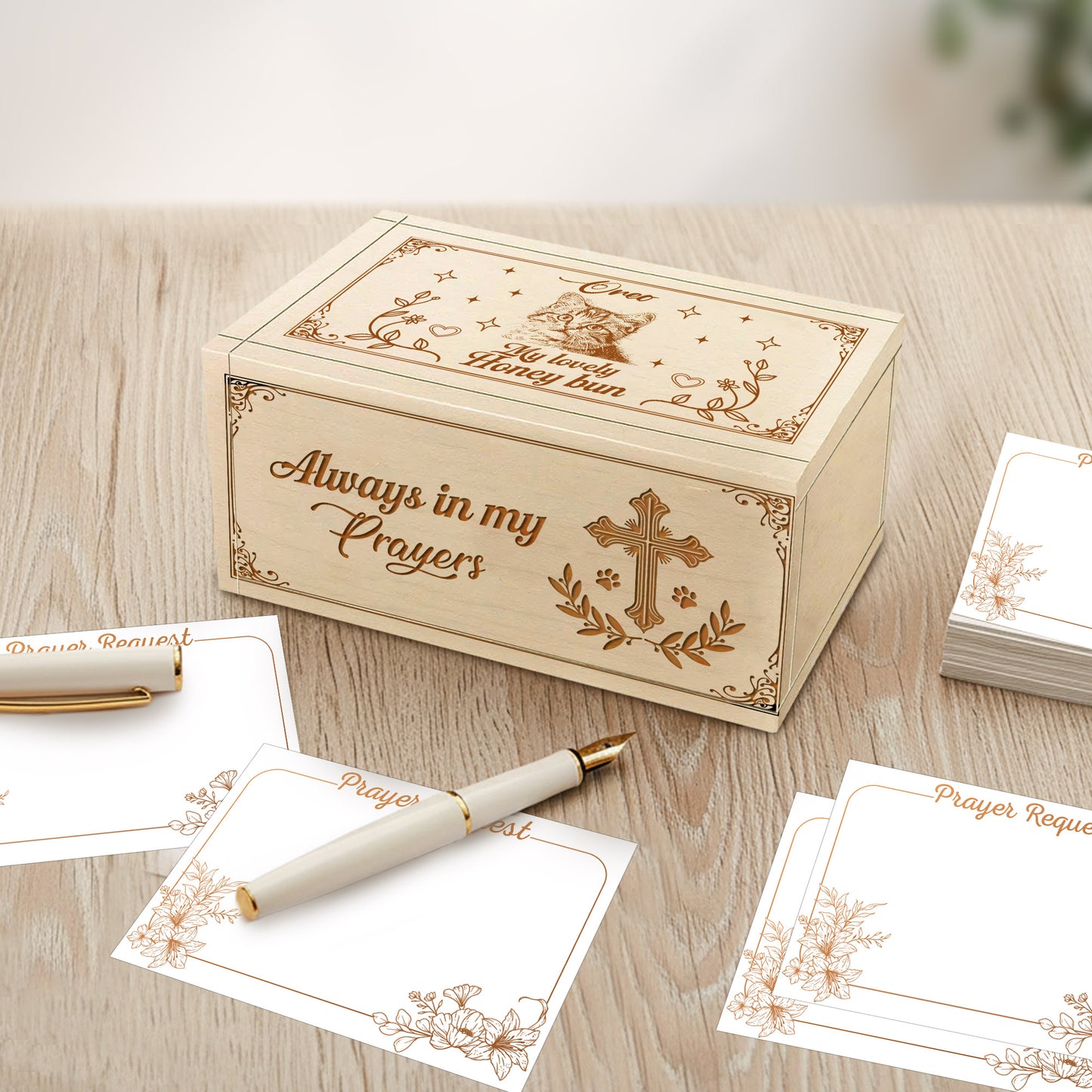 Netecom Personalized Cat Memorial Prayer Box with Custom Name & Year, 100 Prayer Request Cards & Wooden Cross – Christian Remembrance Keepsake for Cat Loss