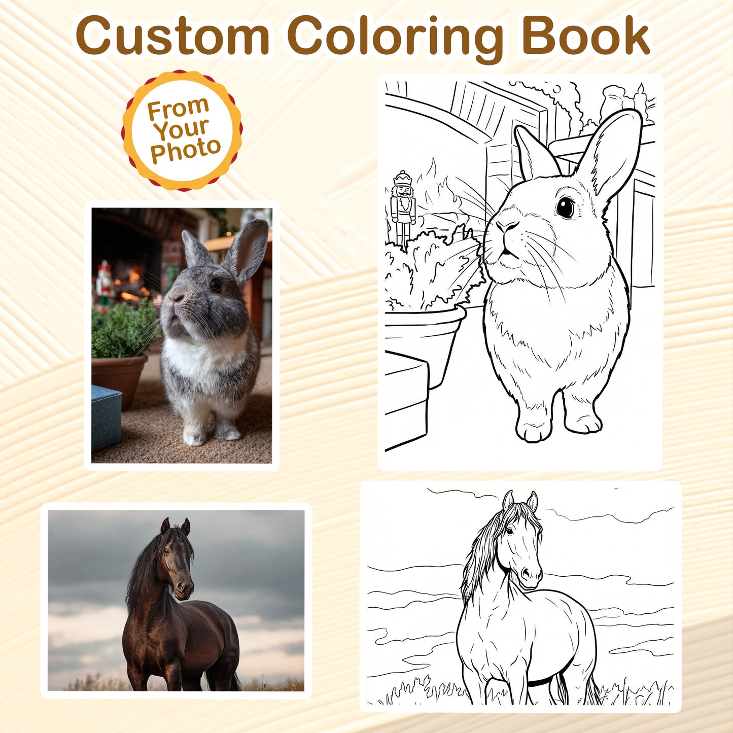 Personalized Pet Coloring Book for Adults – Custom Coloring Pages from Your Pet Photos , 12–48 Pages, Gift for Dog, Cat, and Animal Lovers, Premium Wooden Cover, Spiral Binding
