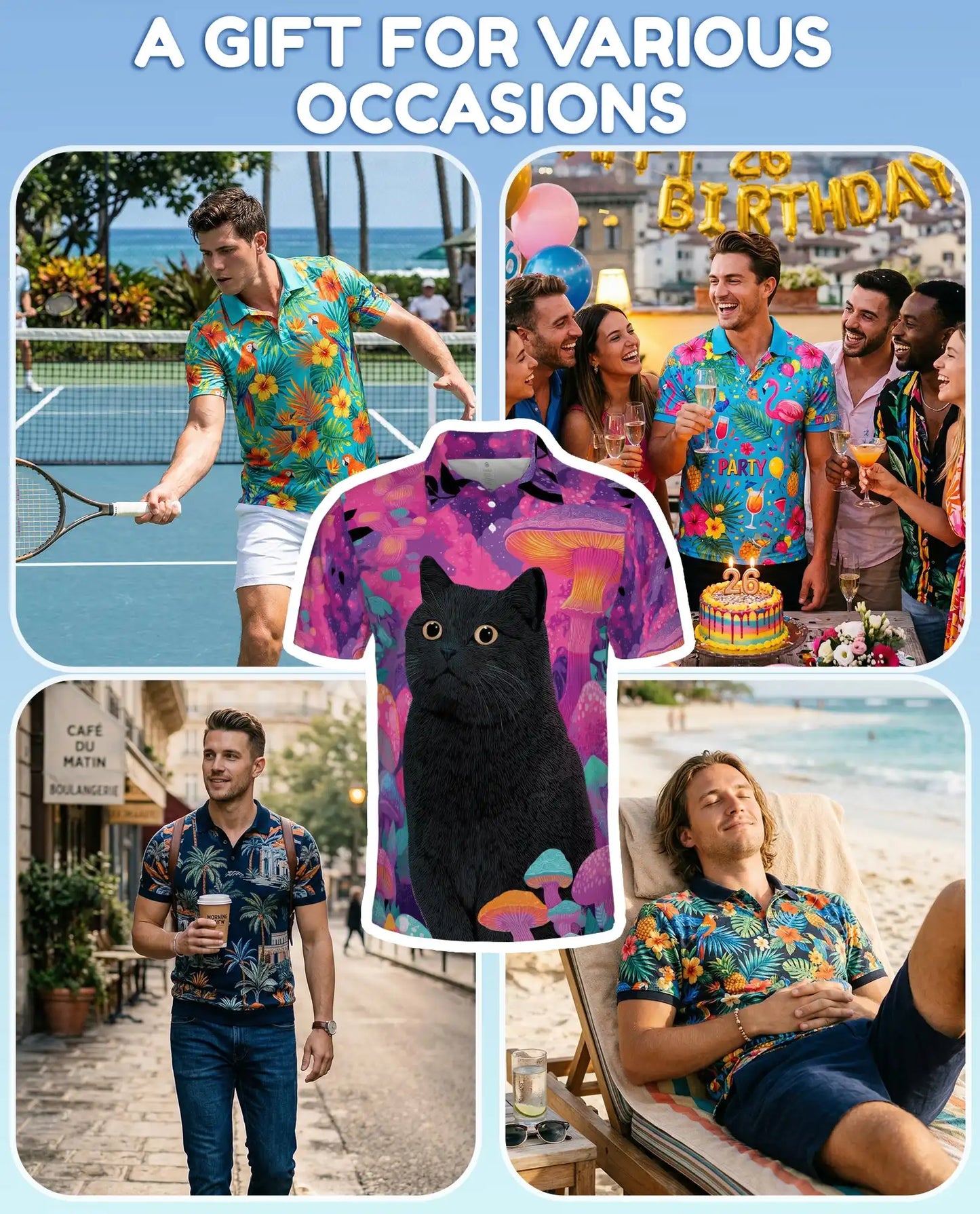 Black Cat Fantasy Mushroom Polo Shirt for Men- Print Magical Forest | Netecom