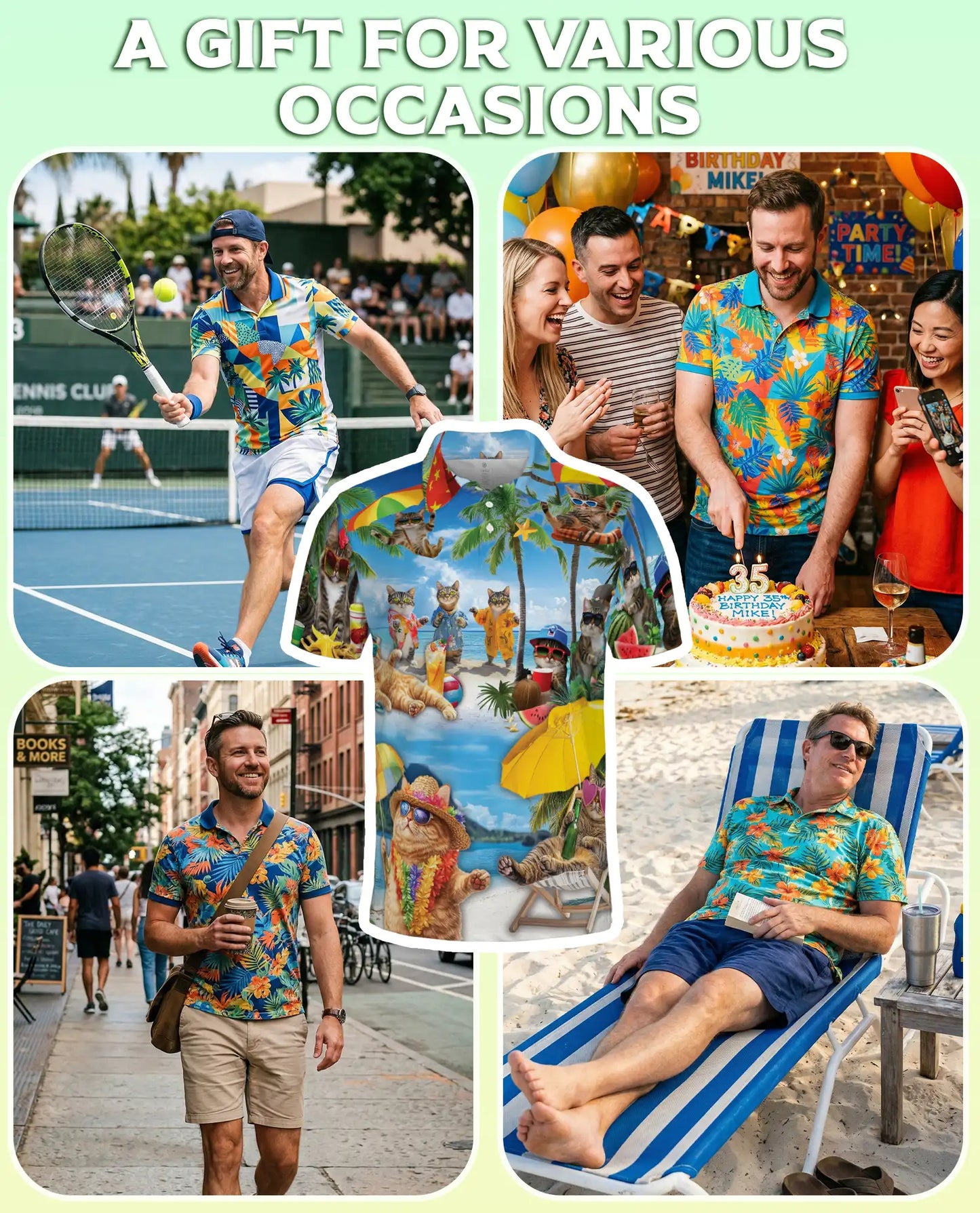 Funny Beach Cat Polo Shirt for Men-Tropical Cat Lover Shirt | Netecom