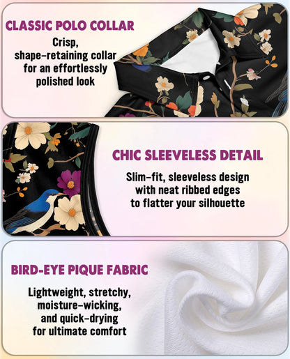 Bird and Flower Sleeveless Polo Shirt for Women | Netecom
