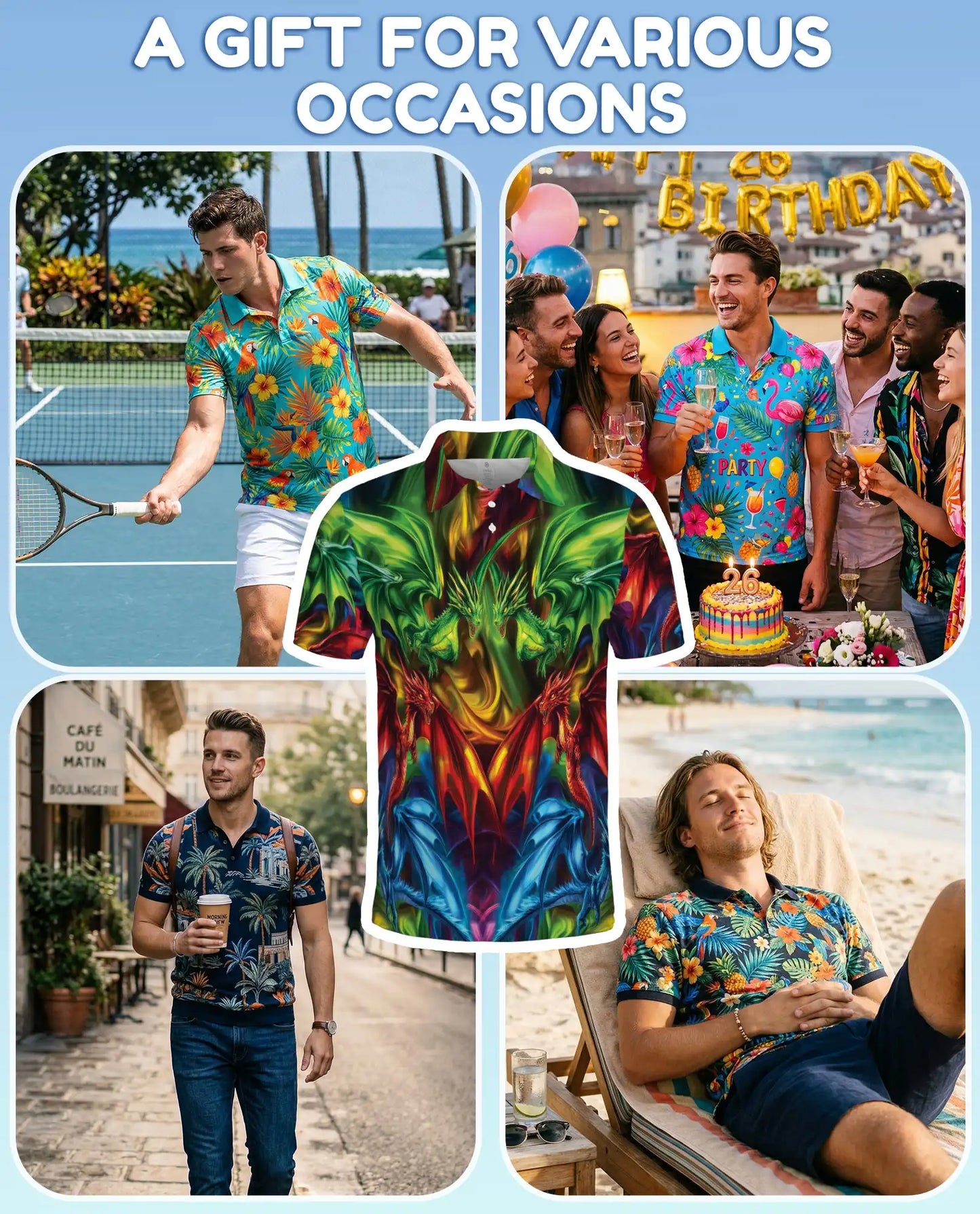 Colorful Fantasy Dragon Polo Shirt for Men - Fire Ice Mythical Dragon | Netecom