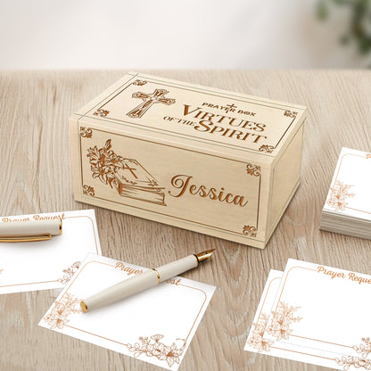 Netecom Personalized Christian Prayer Box with Custom Name on Box & Wooden Cross, Virtues of the Spirit Faith Box with 100 Prayer Request Cards, Religious Gift for Believers