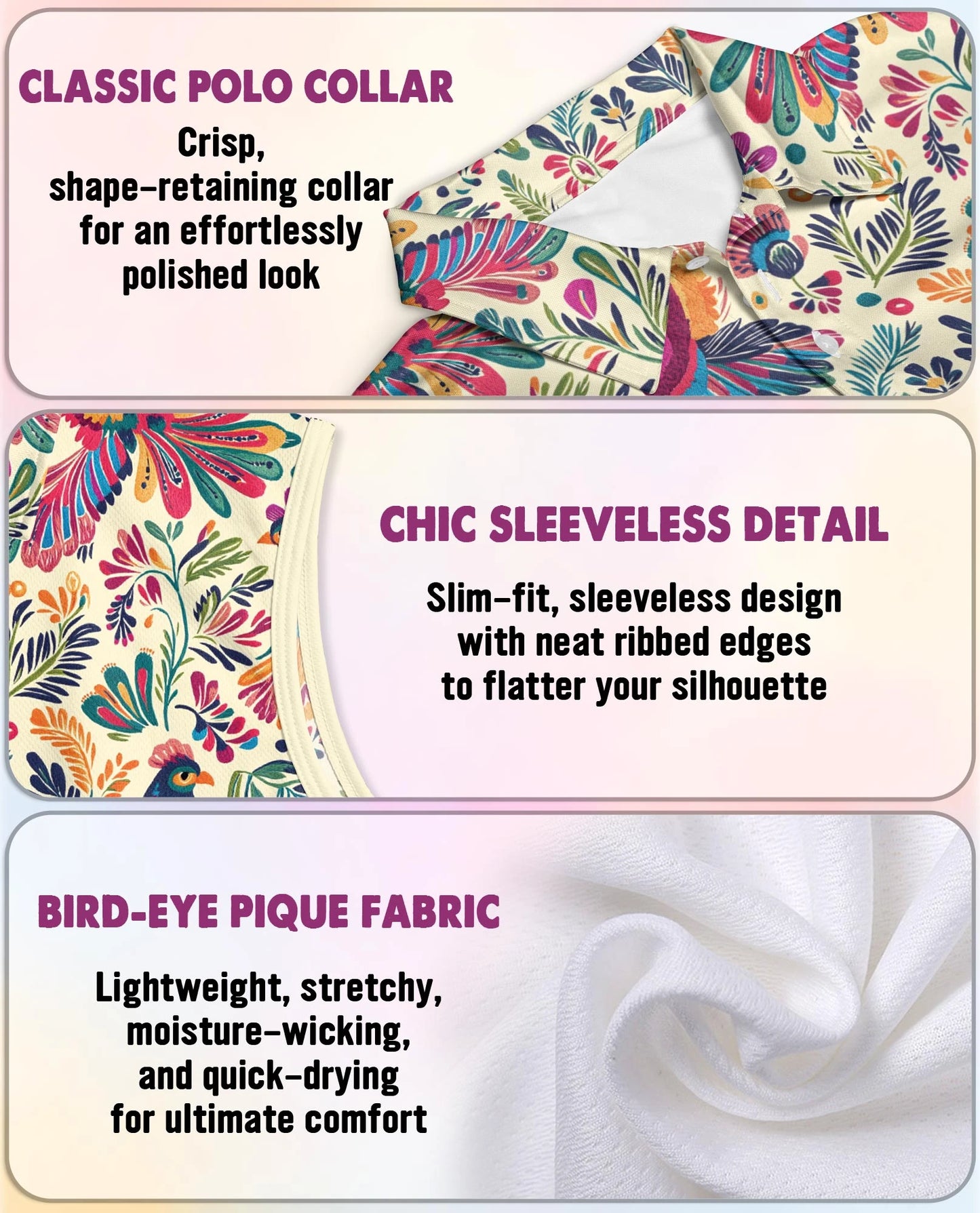 Folk Art Tropical Bird Sleeveless Polo Shirt for Women | Netecom