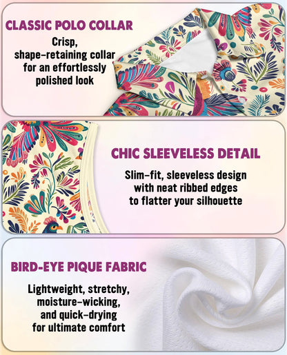 Folk Art Tropical Bird Sleeveless Polo Shirt for Women | Netecom