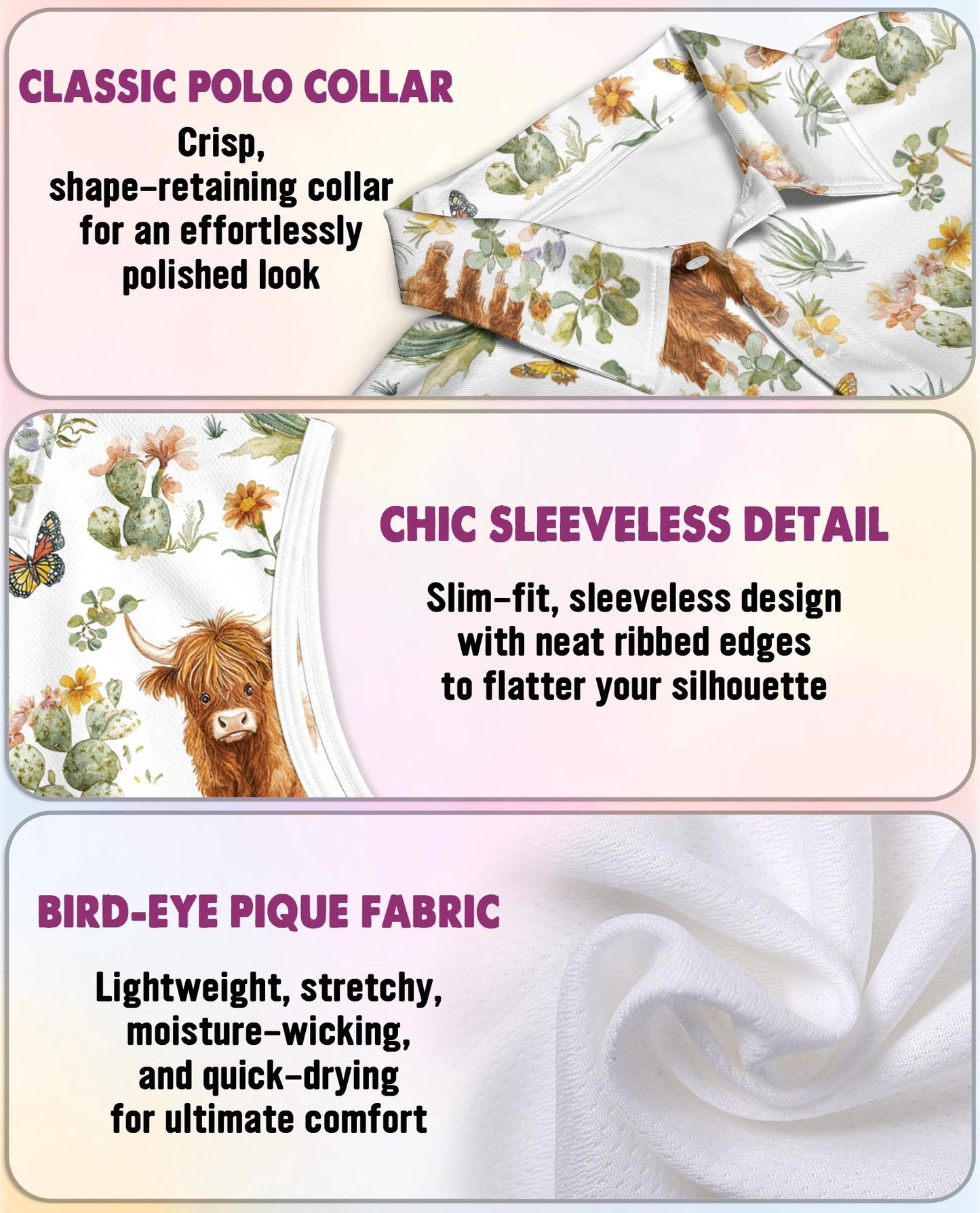 Cute Highland Cattle Sleeveless Polo Shirt for Women | Netecom