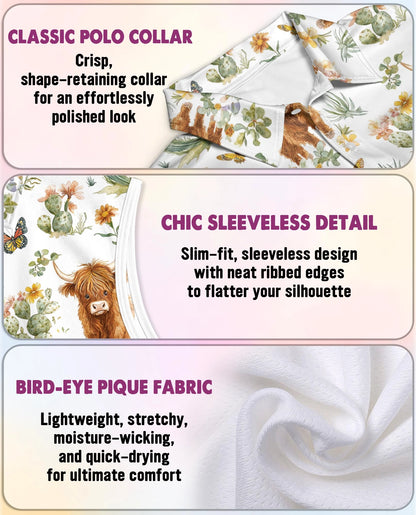 Cute Highland Cattle Sleeveless Polo Shirt for Women | Netecom